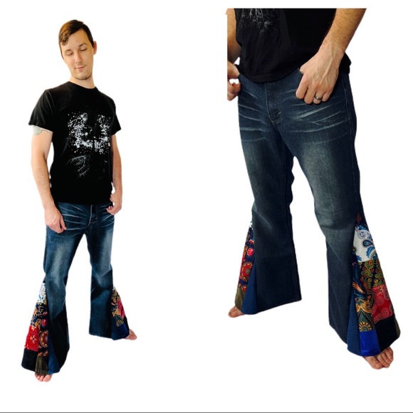 Handmade Patchwork Bell bottom Jeans Unisex Upcycled Mens Jeans - Picture 10 of 11